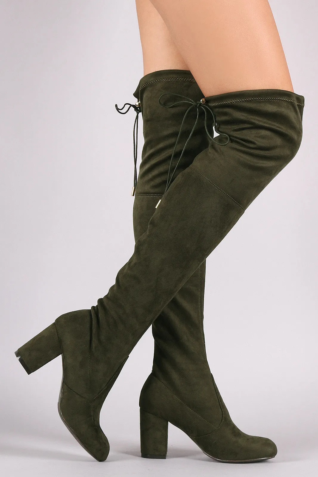 Suede Drawstring Tie Chunky Heeled Over-The-Knee Boots