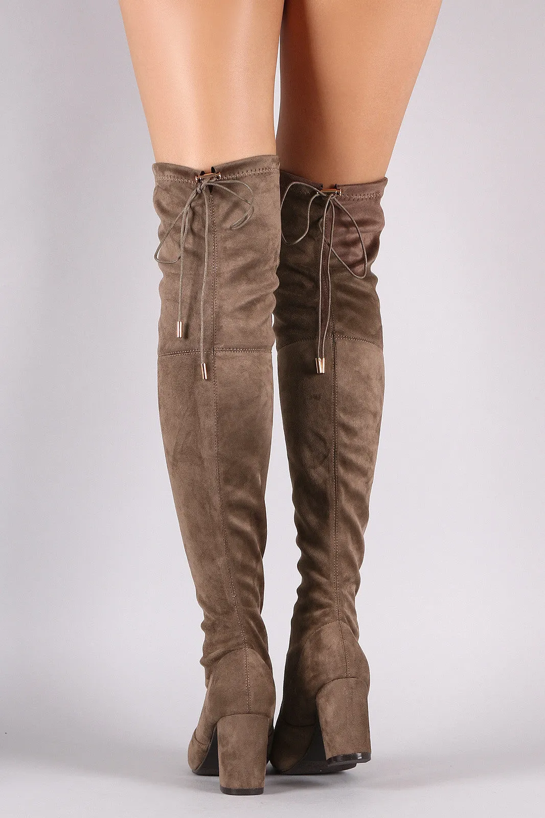 Suede Drawstring Tie Chunky Heeled Over-The-Knee Boots