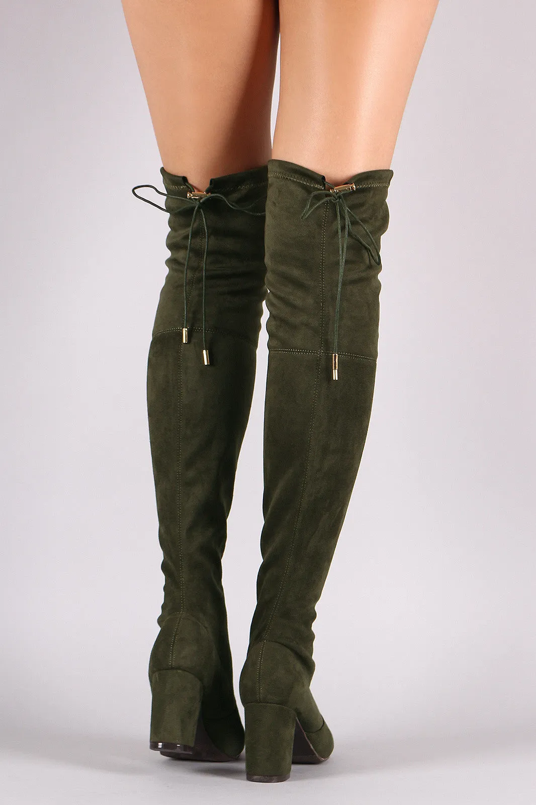 Suede Drawstring Tie Chunky Heeled Over-The-Knee Boots