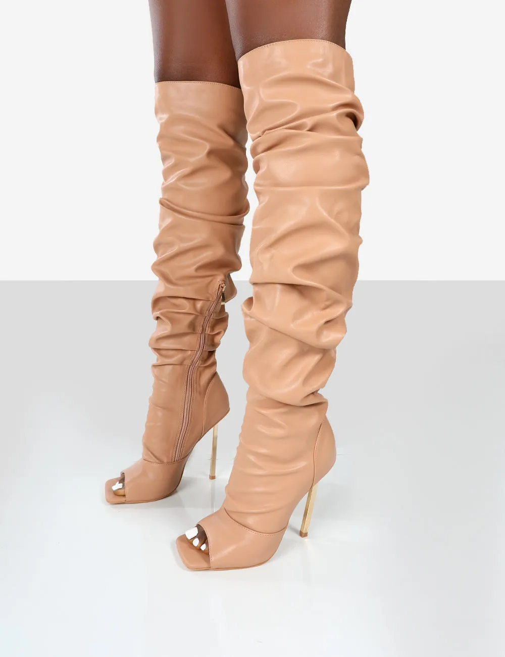 Surrender Nude Ruched Knee High Stilleto Open Toe Boots