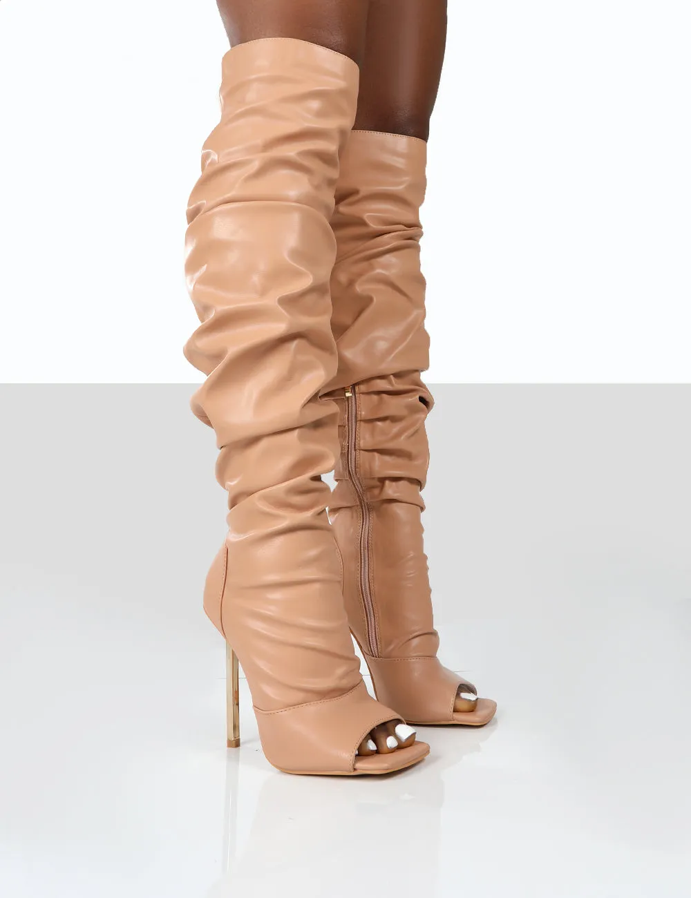 Surrender Nude Ruched Knee High Stilleto Open Toe Boots