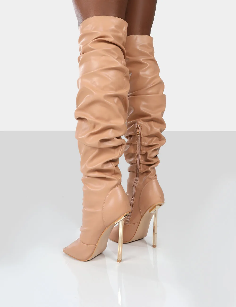 Surrender Nude Ruched Knee High Stilleto Open Toe Boots