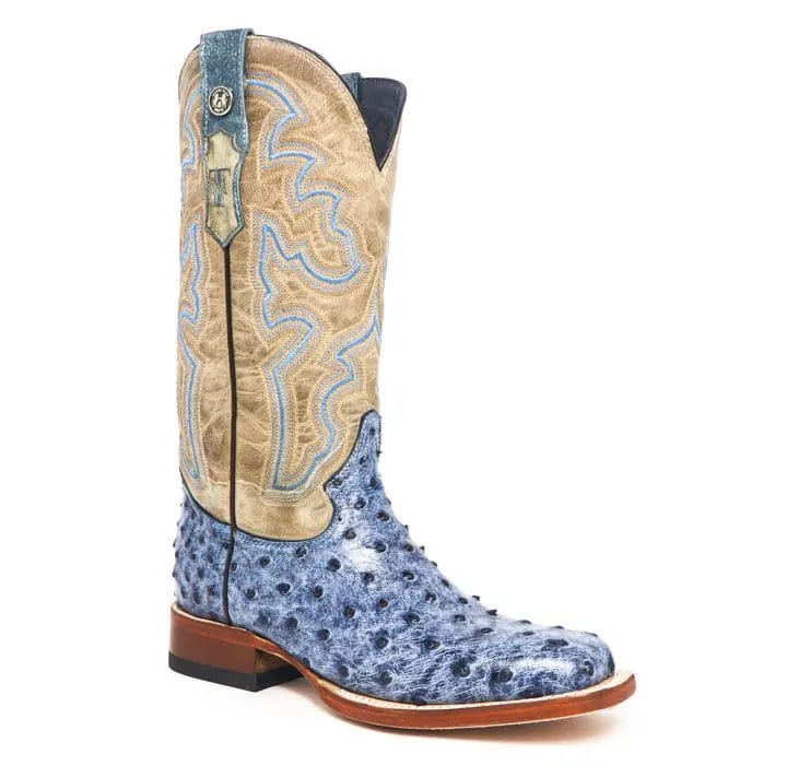 Tanner Mark Women's 'Bluebonnet' Ostrich Print Square Toe Boots Blue Denim TML207061