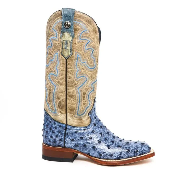 Tanner Mark Women's 'Bluebonnet' Ostrich Print Square Toe Boots Blue Denim TML207061