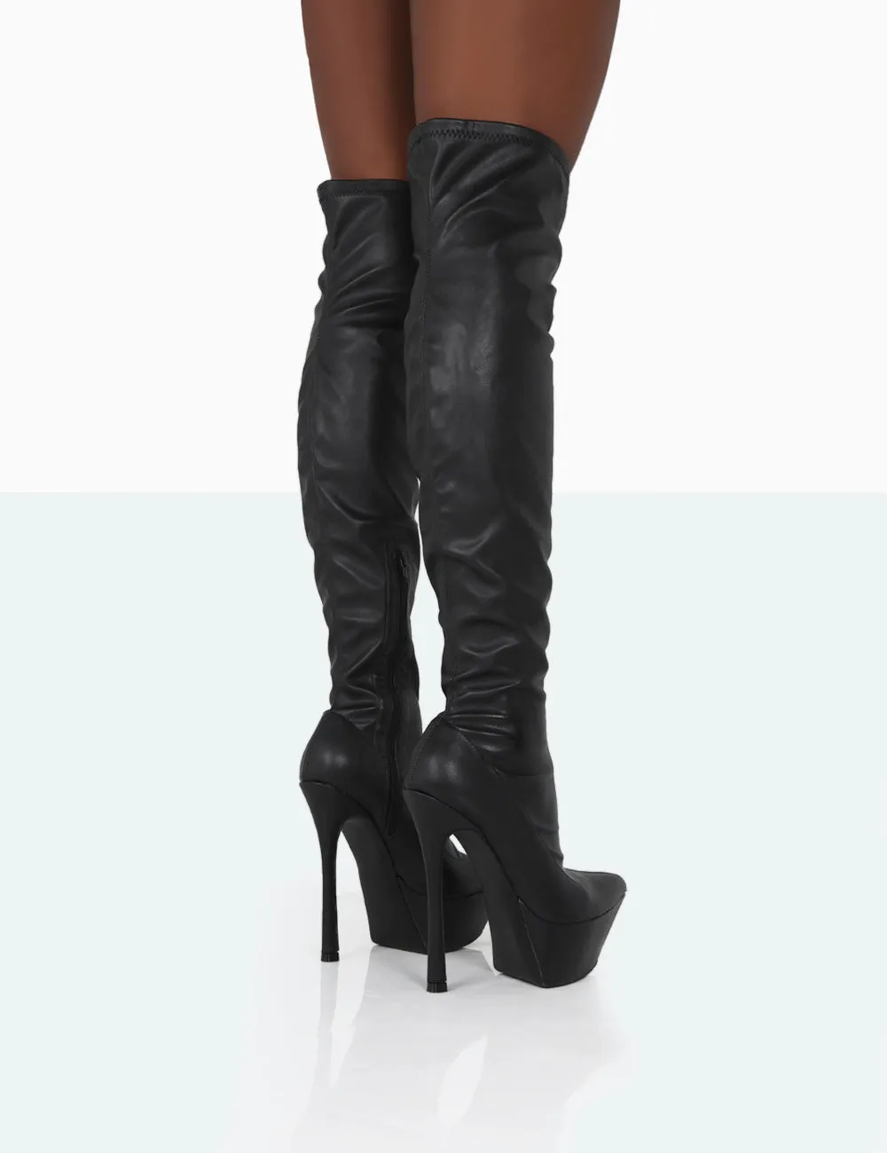 Trixie Black Grain Pu Stiletto Platform Over the Knee Boots