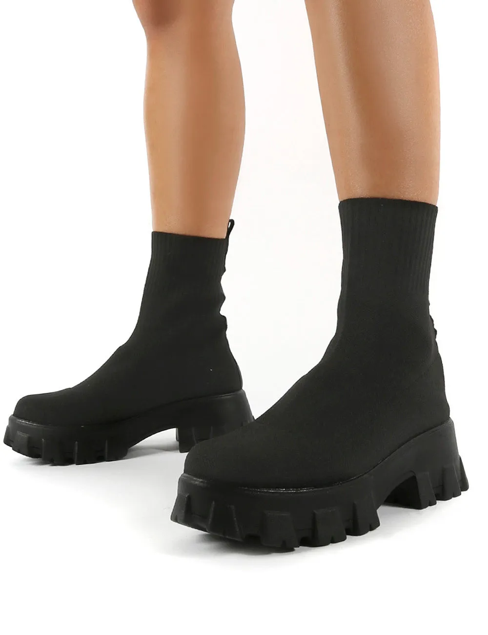 Trust Black Chunky Platform Sole Sock Ankle Boots