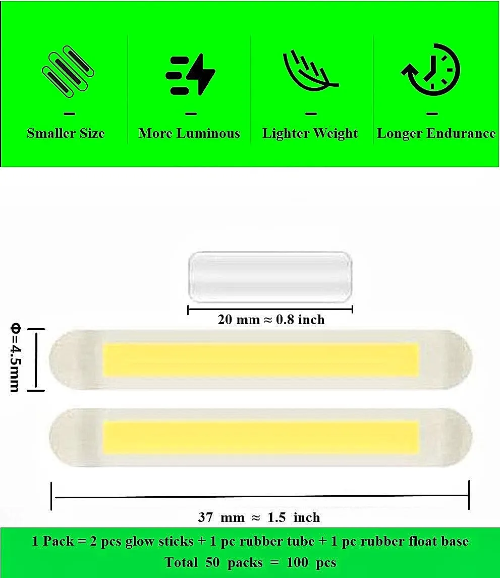 TRZLIFE Fishing Glow Sticks, 100 PCS Upgraded Lucky Fishing Green Light Unique Secret Formula Brings Brighter Longer Lasting More Visible Fishing Light Sticks Used on Float, Bobbers, Rod tip, Pole