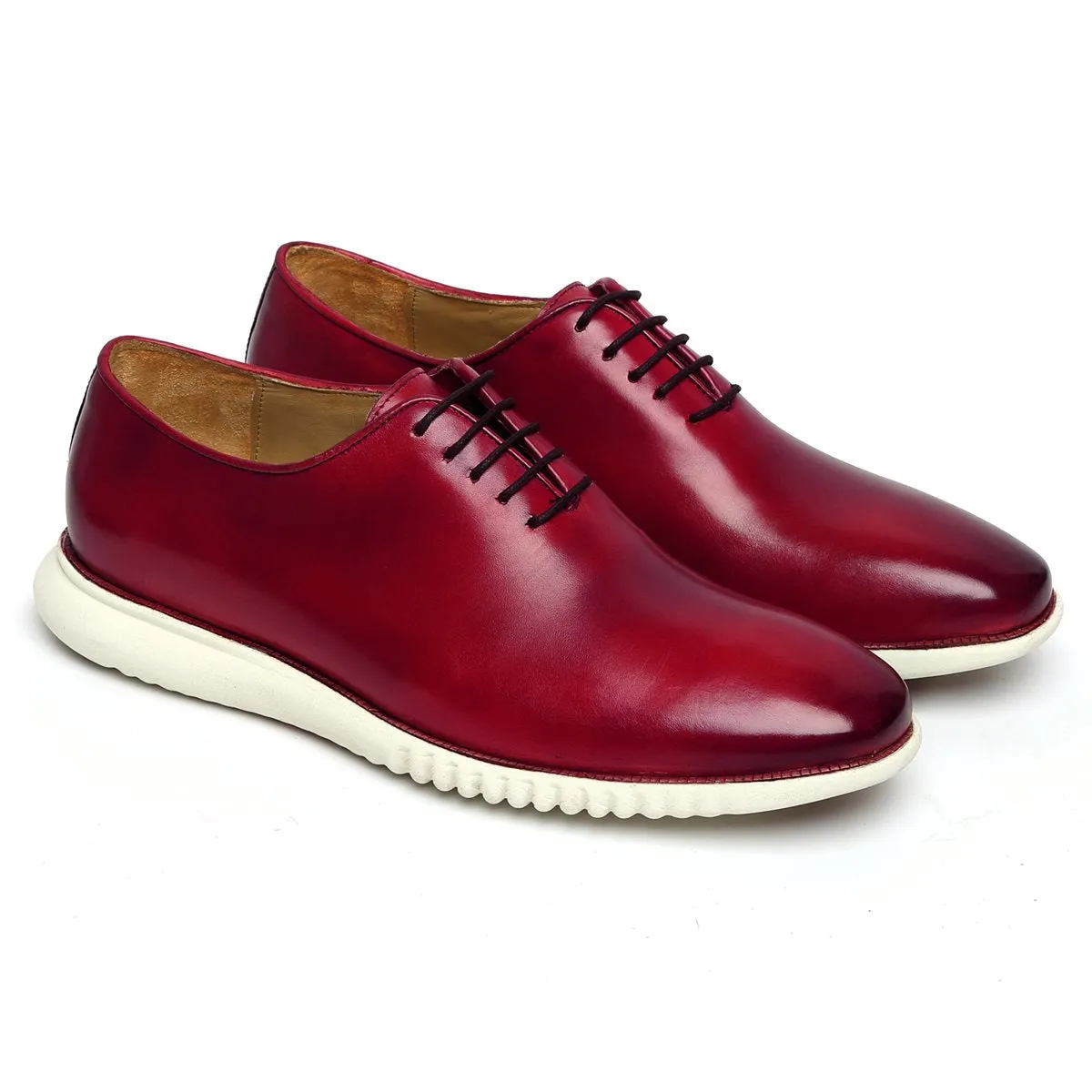 Wine One Piece Leather Sneakers With Oxford Lace-Up Closure