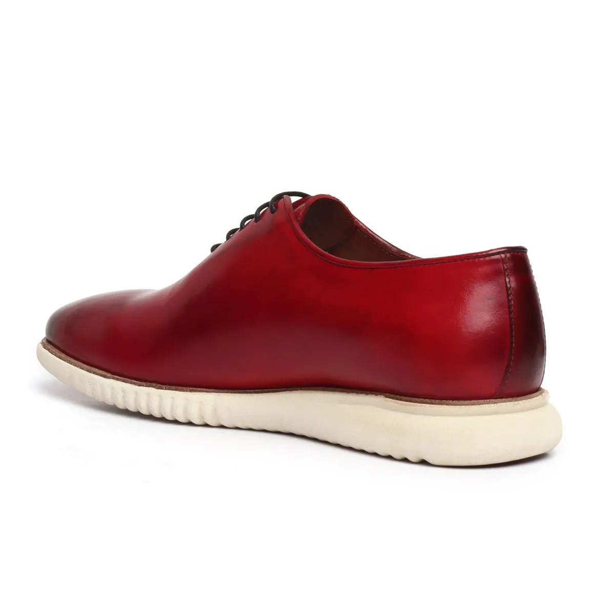 Wine One Piece Leather Sneakers With Oxford Lace-Up Closure