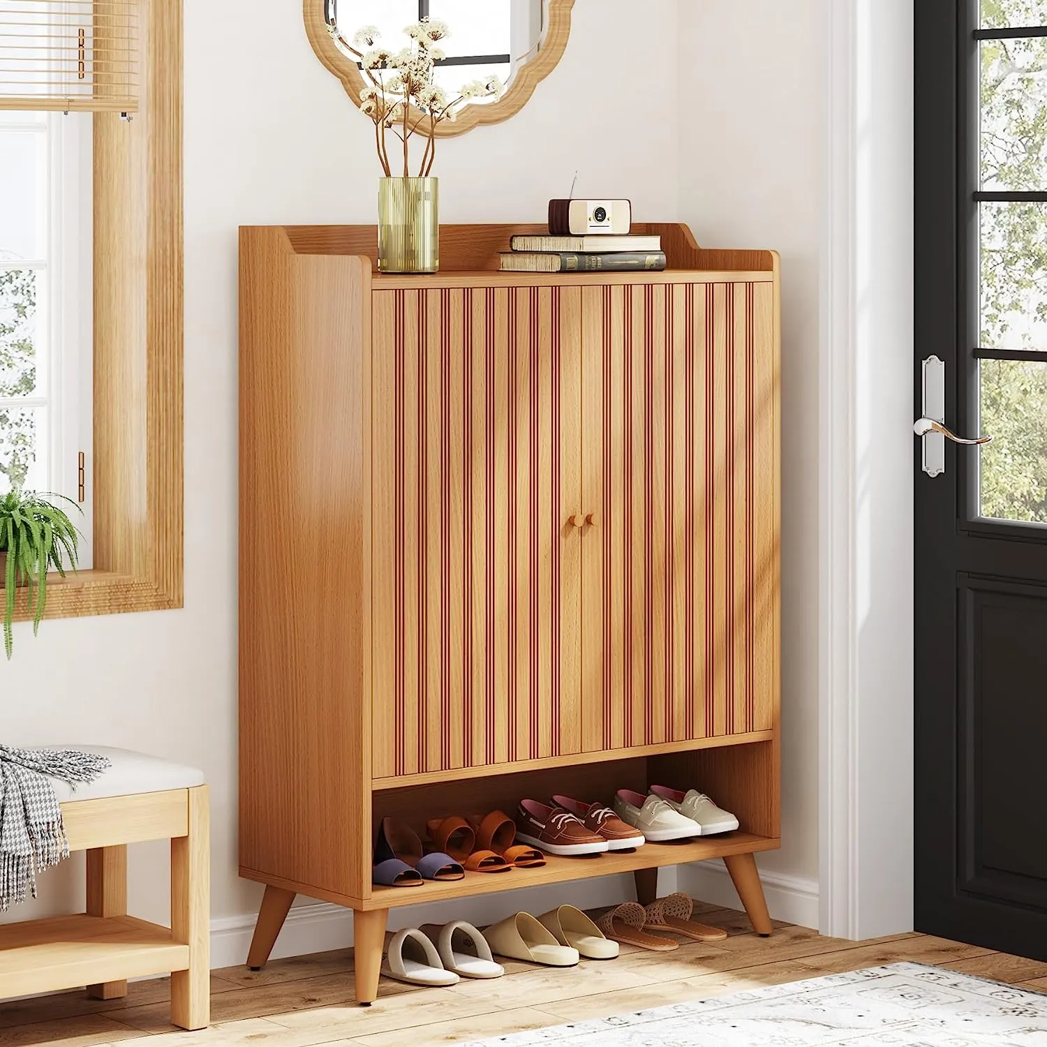 Wooden Shoe Cabinet with Adjustable Shelves and Open Shelf