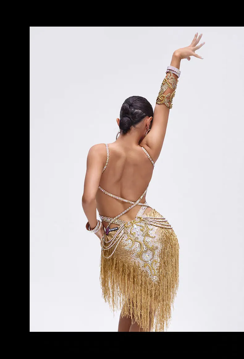 YUN.L031FDD LADIES GOLD AND FRINGE LATIN DANCE COSTUME