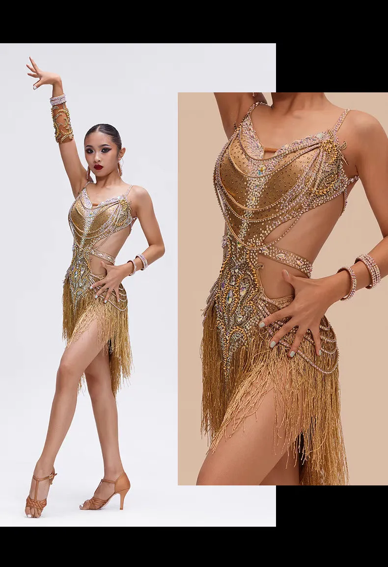 YUN.L031FDD LADIES GOLD AND FRINGE LATIN DANCE COSTUME